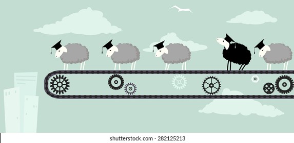 Sheep in academic graduation caps standing on a conveyor belt, obediently moving toward the abyss, one black sheep looking up to the sky, vector illustration, EPS 8