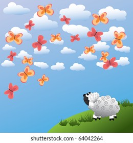 The sheep admires beautiful butterflies