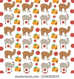 sheep, alpaca with fruit as a pattern background