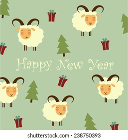 Sheep among trees wish a happy new year illustration