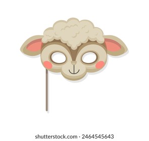 Sheep animal carnival party mask, vector costume of kids festival, birthday or Halloween holiday. Cartoon cute face of fluffy white sheep, farm animal mask on stick. Costume party photo booth prop