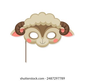 Sheep animal carnival party mask. Festival or birthday costume features soft, curly fur, eye holes, and spiral horns. Vector lamb mask for kids farm-themed parties, theatrical plays, photo booth shoot