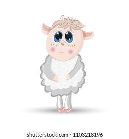 Sheep animal cartoon furry lamb character vector. Ewe woolly baby wool mutton illustration nature mammal happy isolated comic funny cute animals. Sweet white domestic drawing design livestock ram pet.