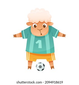 Sheep animal playing soccer. Cute football mascot in sports uniform with ball cartoon vector illustration