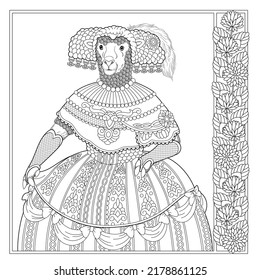 Sheep animal portrait. Fairytale design, coloring book page for adults and kids