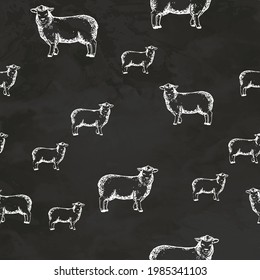 Sheep Animal Seamless Pattern Silhouette Hand Drawn Sketch Engraving Style Retro Vintage Vector Illustration
