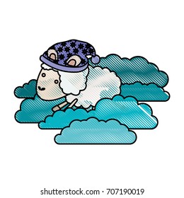 sheep animal with sleeping cap into the clouds in color crayon silhouette on white background vector illustration