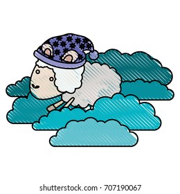 sheep animal with sleeping cap into the clouds in color crayon silhouette on white background vector illustration