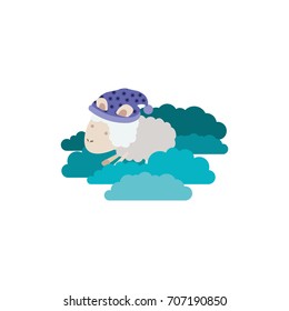 sheep animal with sleeping cap into the clouds in colorful silhouette on white background vector illustration
