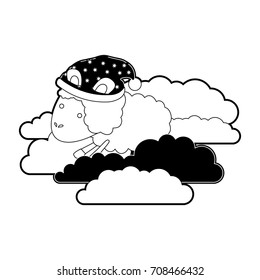 sheep animal with sleeping cap into the clouds black color section silhouette on white background vector illustration