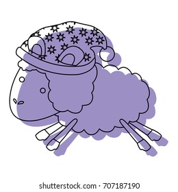 sheep animal with sleeping cap jumping purple watercolor silhouette on white background vector illustration