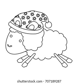 sheep animal with sleeping cap jumping sketch silhouette on white background vector illustration