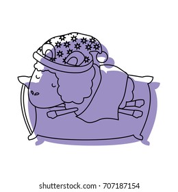sheep animal with sleeping cap rest in pillow purple watercolor silhouette on white background vector illustration