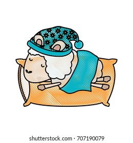 sheep animal with sleeping cap rest in pillow in color crayon silhouette on white background vector illustration