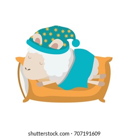 sheep animal with sleeping cap rest in pillow in colorful silhouette on white background vector illustration