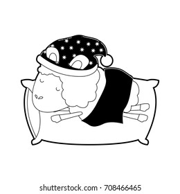 sheep animal with sleeping cap rest in pillow black color section silhouette on white background vector illustration