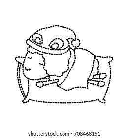 sheep animal with sleeping cap rest in pillow dotted silhouette on white background vector illustration