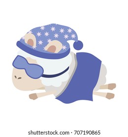 sheep animal with sleeping cap and sleep mask wrapped in a blanket in colorful silhouette on white background vector illustration