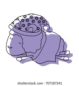 sheep animal with sleeping cap and wrapped in a blanket purple watercolor silhouette on white background vector illustration