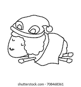 sheep animal with sleeping cap and wrapped in a blanket dotted silhouette on white background vector illustration