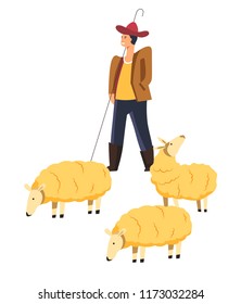 Sheep animals domestic pets and smiling shepherd vector