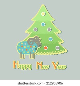 sheep around Christmas trees with the new year