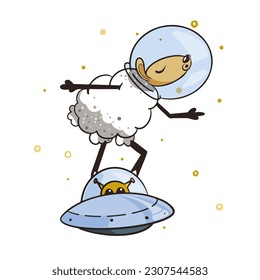 Sheep astronaut with UFO. Cute animal character cartoon style.