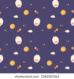 Sheep and balloon cartoon so cute. On moon star cloud purple background. Pattern seamless vector illustration. 