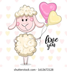 Sheep with balloons in the shape of hearts. Drawing a cute animal character is suitable for the composition of clothes and dishes