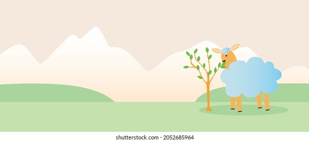 Sheep with baobab, copy space template. Flat vector stock illustration. Book hero with place for text. Nice sheep. Template for overlay. Illustration for the book The Little Prince