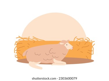 Sheep In Barn. Cozy, Warm Space With Hay And Wooden Walls. Sheep Rest, Eat, And Socialize Cartoon Vector Illustration