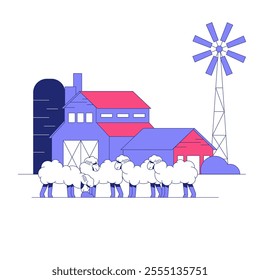 Sheep And Barn In Flat Vector Illustration Symbolizing Rural Farming, Agriculture, And Livestock Management, Isolated On White Background