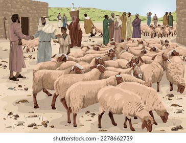 Sheep being purchased by the Good Shepherd.  Biblical illustration depicting Psalm 23:1.