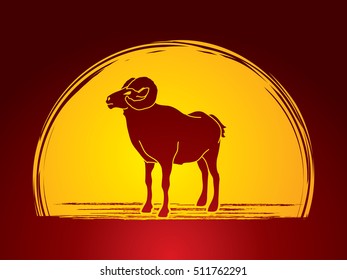 Sheep with big horn standing designed on moonlight background graphic vector.