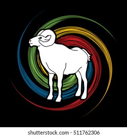 Sheep with big horn standing designed on spin wheel background graphic vector.