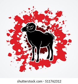 Sheep with big horn standing designed on splatter blood background graphic vector.
