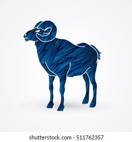 Sheep with big horn standing designed using blue grunge brush graphic vector.