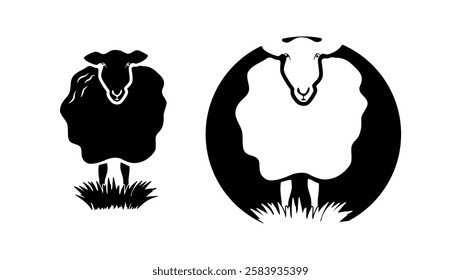 sheep with big wool, black isolated silhouette