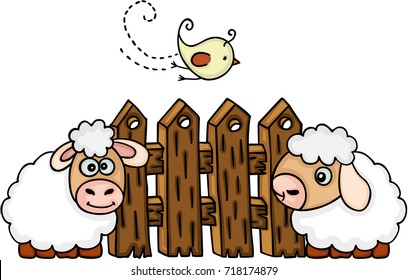 Sheep with bird before a fence
