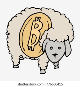 Sheep with bitcoin. Hand drawn vector stock illustration.