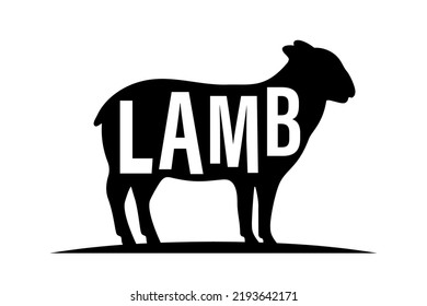 Sheep black silhouette with lettering. Sheep symbol. Ram silhouette. Farm animal icon isolated on white background.