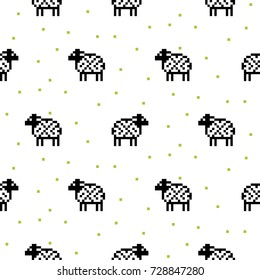 Sheep black and white cartoon pixel art seamless vector pattern. Funny kid animal repeat background for textile and wallpaper design.