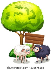 Oveja, negra y blanca al lado del árbol