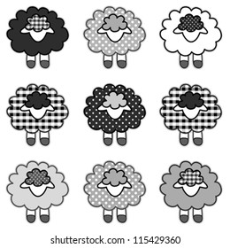 Sheep in black and white patchwork gingham and polka pots, for scrapbooks, albums, EPS8 compatible.