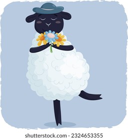 Oveja en un sombrero azul con flores