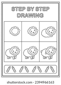 Sheep. Book page, drawing step by step. Black and white vector coloring page.