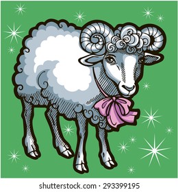 Sheep with bow. Zodiac sign - Aries. Vector illustration. Colored. Green background