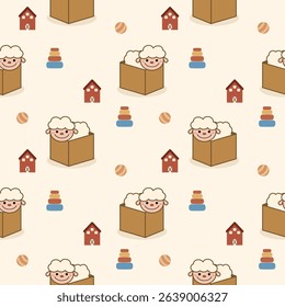 Sheep in box cartoon so cute. On toy ball background. Pattern seamless vector illustration. 