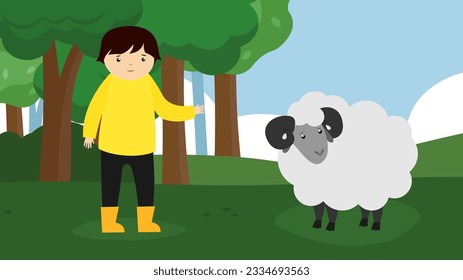 Sheep and boy in the park. Vector illustration in flat style