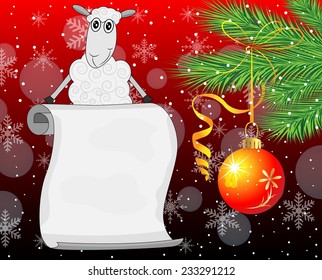 sheep, branches of christmas tree with a ball and sheet of paper,vector illustration